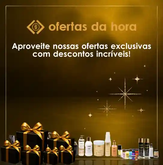 Imagem de propaganda dourada com o título "ofertas da hora". O texto em português convida os espectadores a aproveitarem ofertas exclusivas de produtos lizzon com grandes descontos. Caixas de presente e itens de beleza, incluindo itens essenciais da liso, brilham em um fundo dourado.