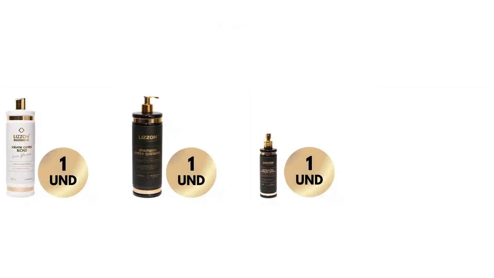 O conjunto Kit Liso Blindado Blond inclui três produtos para cuidados com os cabelos em frascos brancos ou pretos elegantes com detalhes em dourado, cada um marcado com "1 UND" em um círculo dourado. Um compartimento do conjunto está vazio.