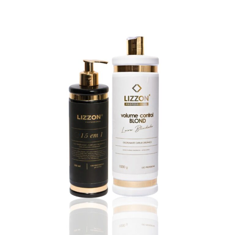 O Kit Escova Blindada inclui um frasco pump preto de 500 ml com o rótulo "15 em 1" e um frasco branco de 1000 g com o rótulo "controle de volume BLOND", ambos da Lizzon Professional, exibidos em um fundo branco.