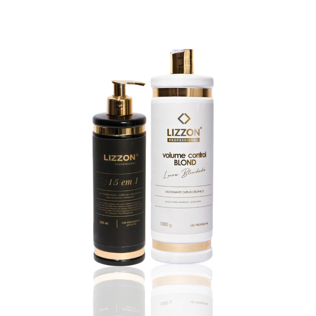O Kit Escova Blindada inclui um frasco pump preto de 500 ml com o rótulo "15 em 1" e um frasco branco de 1000 g com o rótulo "controle de volume BLOND", ambos da Lizzon Professional, exibidos em um fundo branco.