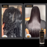 A comparação lado a lado mostra o cabelo antes (úmido e com frizz) e depois (liso, alinhado e brilhante) graças ao Volume Control Liso Blindado. O frasco do produto aparece abaixo das imagens.