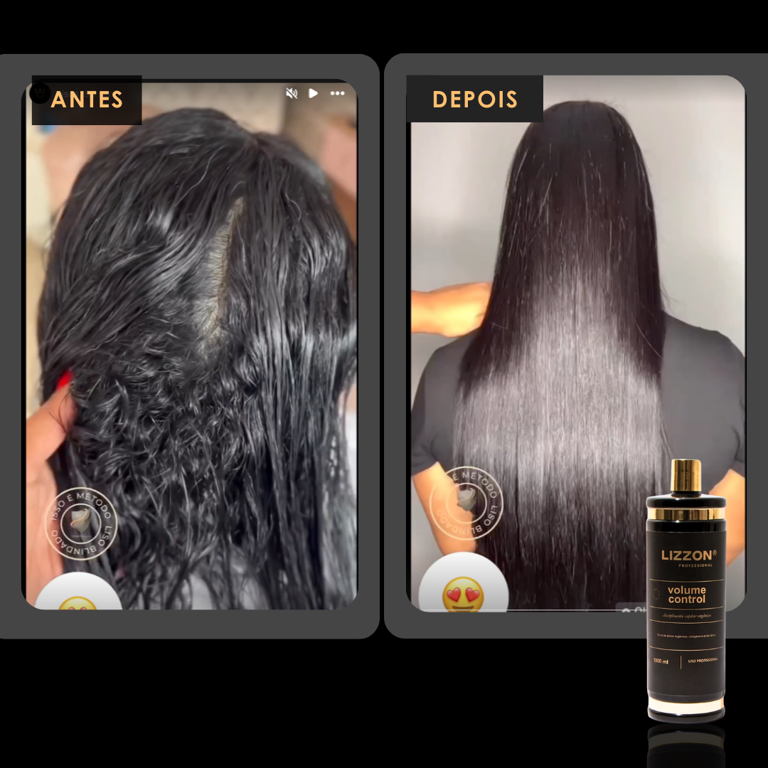 A comparação lado a lado mostra o cabelo antes (úmido e com frizz) e depois (liso, alinhado e brilhante) graças ao Volume Control Liso Blindado. O frasco do produto aparece abaixo das imagens.