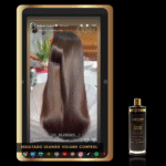 Um tablet mostra um vídeo de alguém escovando cabelos castanhos longos e brilhantes. Ao lado dele, há um frasco com o rótulo Volume Control Liso Blindado. O texto abaixo diz: 