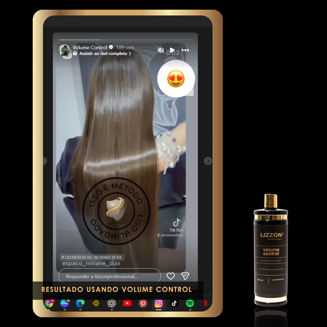 Um smartphone mostra um vídeo de um cabelo Liso Blindado elegante sendo penteado, com um frasco de Volume Control Liso Blindado ao lado. Texto abaixo: RESULTADO USANDO VOLUME CONTROL.