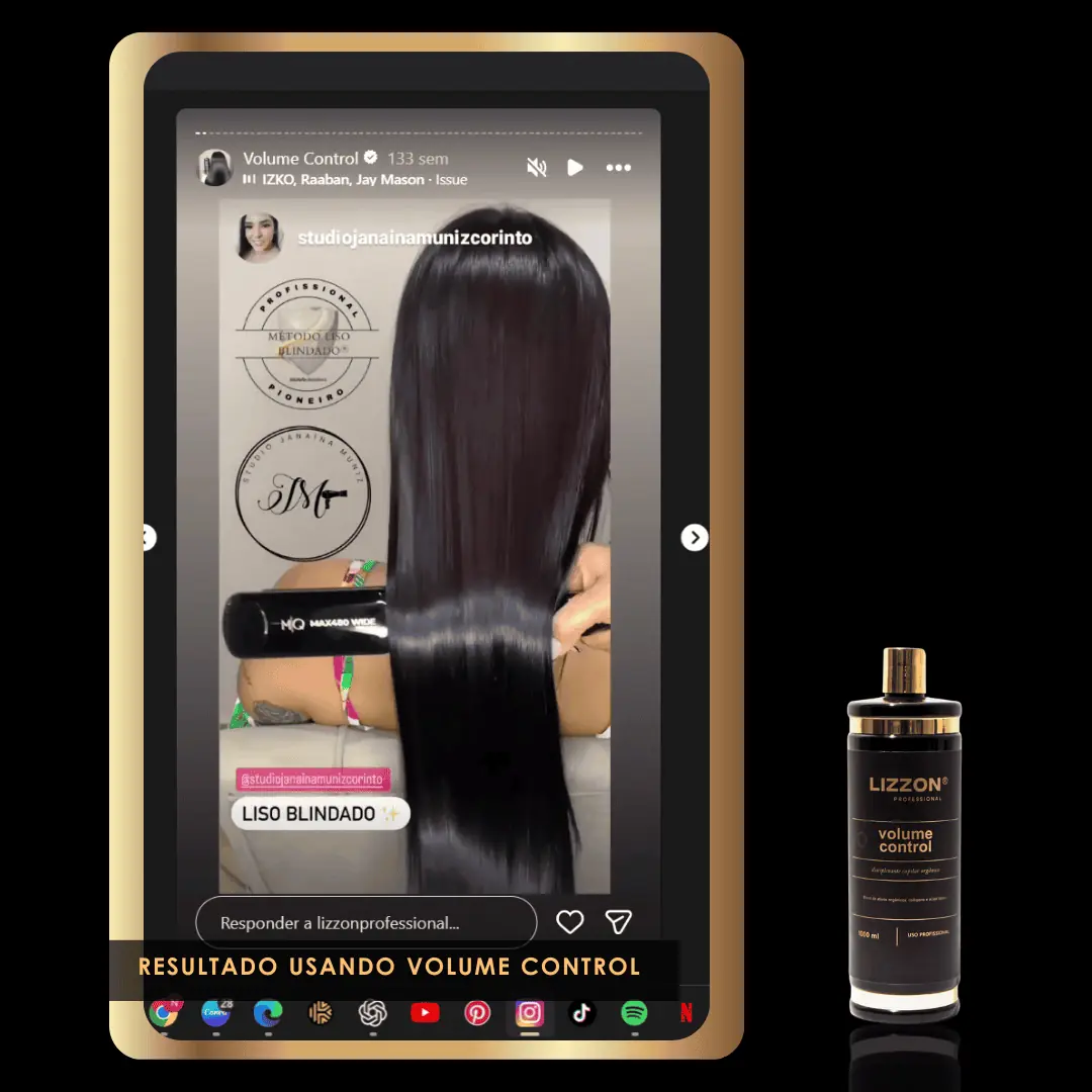 Um tablet mostra um vídeo de um cabelo preto e elegante sendo escovado com o rótulo "Volume Control Liso Blindado". Ao lado, há um frasco do Volume Control Liso Blindado. O texto abaixo destaca os resultados elegantes após o uso do Volume Control Liso Blindado.