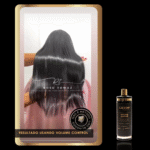 Uma pessoa com cabelos pretos longos, lisos e brilhantes - liso blindado - é vista de costas. Rose Tomaz e Resultado Usando Volume Control Liso Blindado são mencionados. Um frasco de Lizzon Volume Control Liso Blindado está à direita.