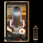 Um tablet digital mostra uma pessoa com cabelos longos, lisos e brilhantes ao lado de um frasco com o rótulo Volume Control Liso Blindado. O texto abaixo diz RESULTADO USANDO VOLUME CONTROL LISO BLINDADO para um liso blindado.