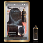 Um antes e depois mostra o cabelo crespo transformado em um cabelo liso e macio - Liso Blindado - depois de usar o Volume Control Liso Blindado, com o frasco do produto ao lado da foto do depois.
