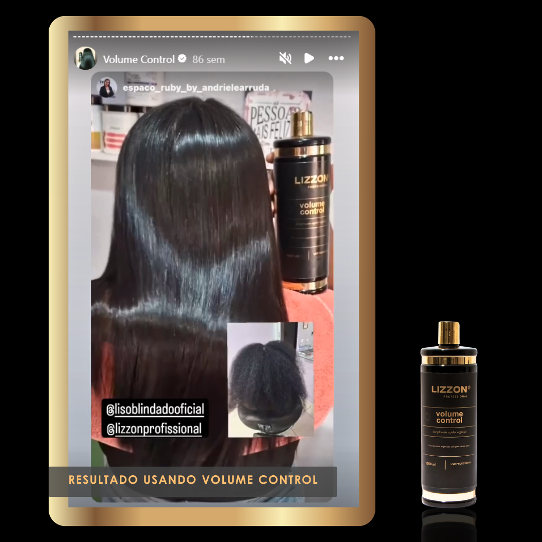 Um antes e depois mostra o cabelo crespo transformado em um cabelo liso e macio - Liso Blindado - depois de usar o Volume Control Liso Blindado, com o frasco do produto ao lado da foto do depois.