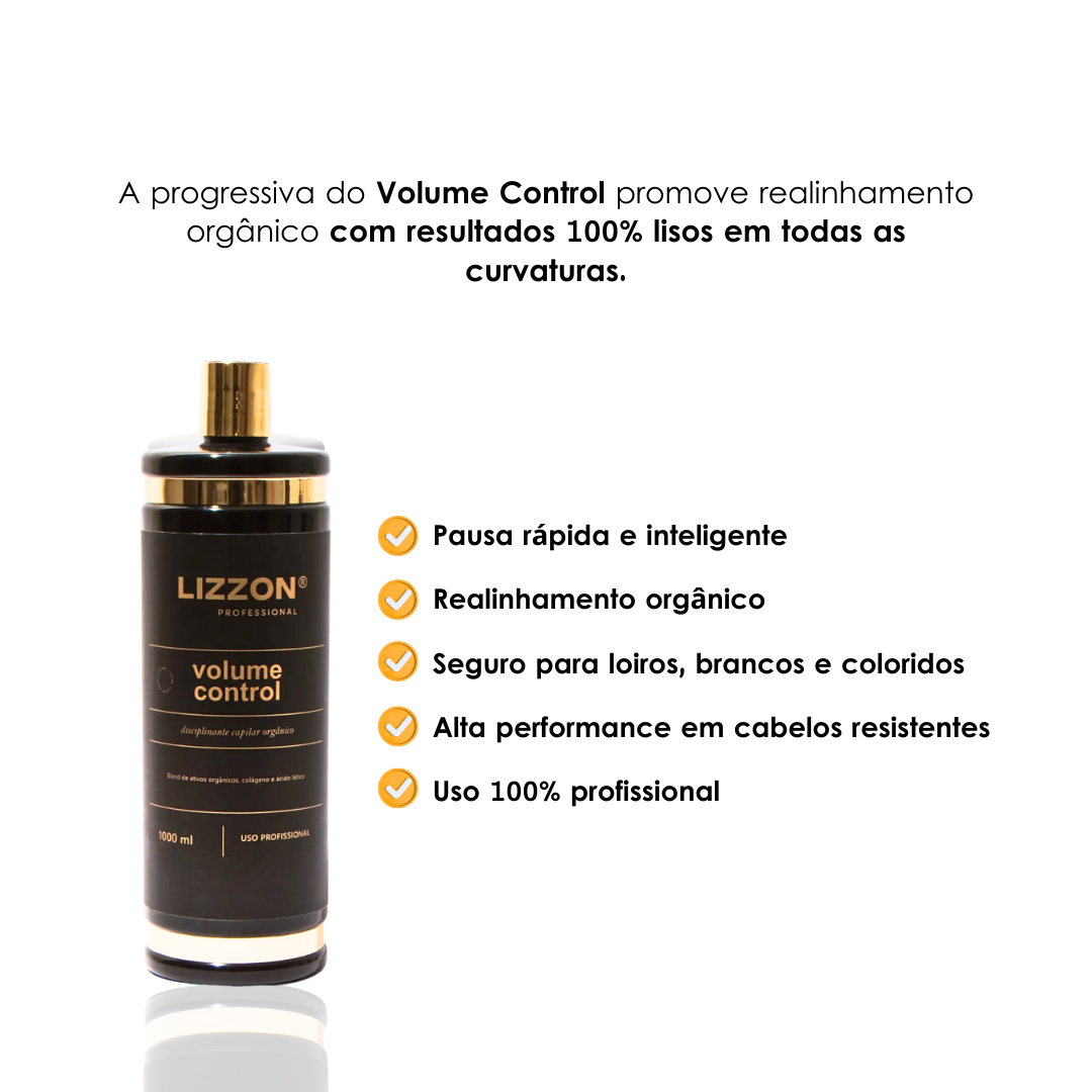 Um frasco do Volume Control Liso Blindado fica na vertical, destacando benefícios como o efeito liso blindado, o realinhamento orgânico e a adequação a todos os tipos e cores de cabelo.