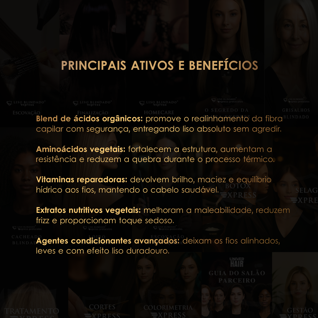 Uma lista em português apresenta os benefícios do Volume Control Liso Blindado, incluindo blend de ácidos orgânicos, aminoácidos, vitaminas e extratos vegetais, agentes condicionantes avançados e ativos para liso blindado e controle de volume.