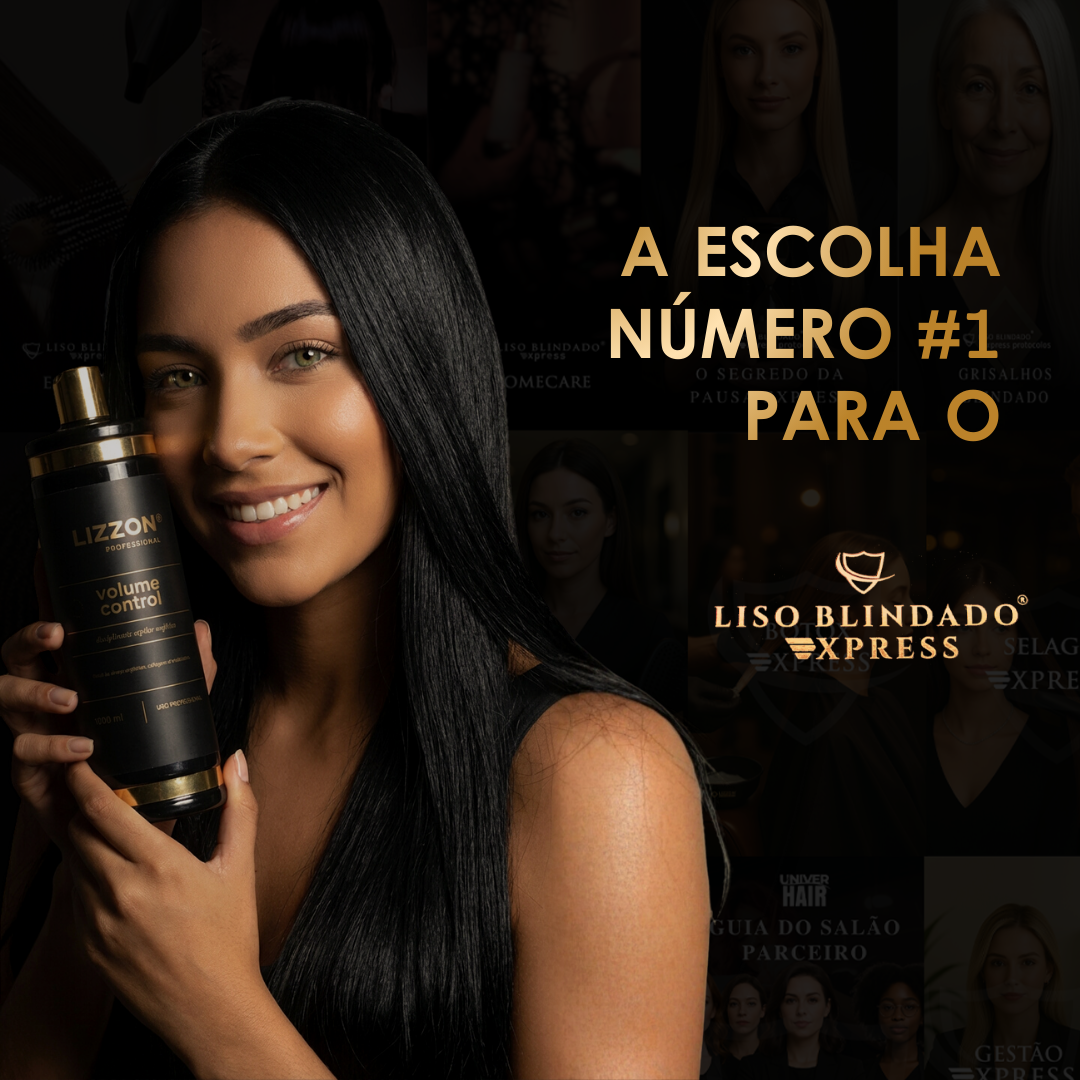 Uma mulher com cabelos longos, lisos e pretos segura um frasco preto de Volume Control Liso Blindado e sorri para a câmera. Atrás dela, uma colagem escura com texto dourado promove seus benefícios de suavidade e controle de volume especializado.