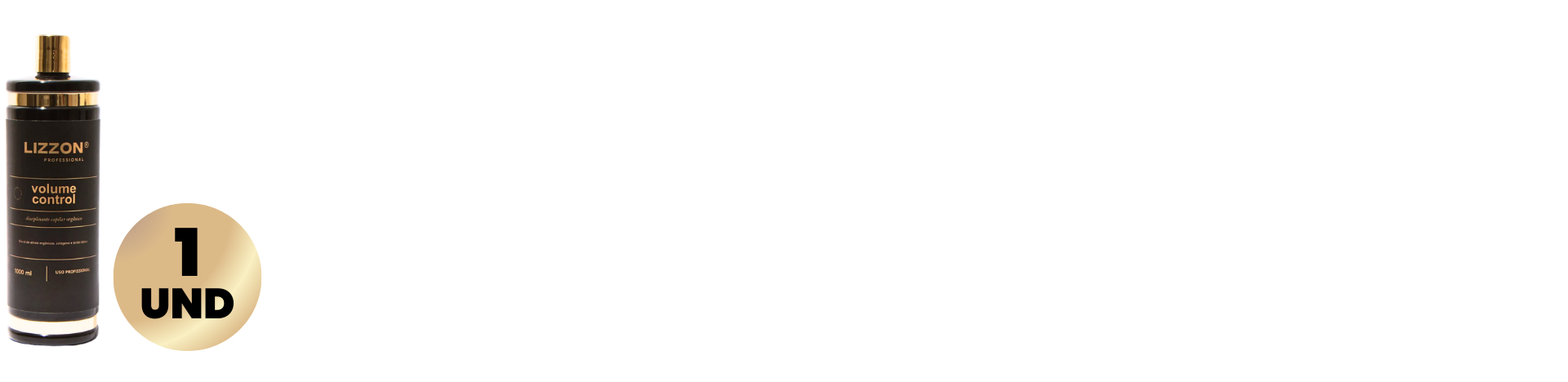 Um frasco preto e dourado de Volume Control Liso Blindado 1 Litro aparece à esquerda, destacando o controle de volume especializado. Abaixo dela, um emblema circular exibe 