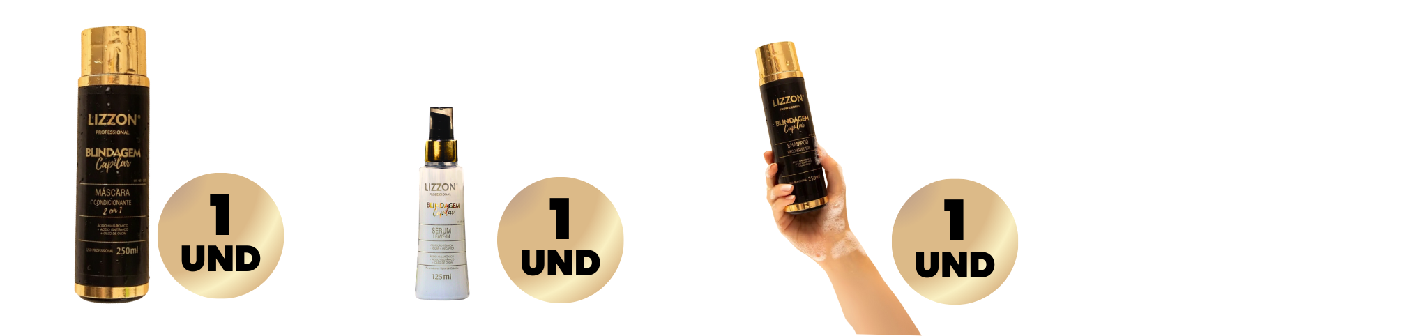 Três frascos do Kit Blindagem Capilar com desenhos em dourado e preto ou dourado e branco são exibidos, cada um com um círculo dourado