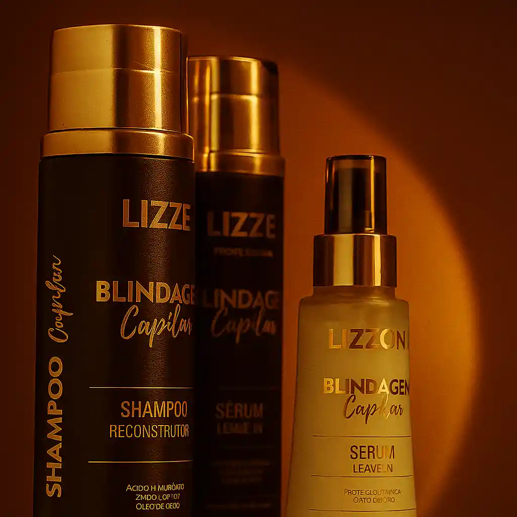 O Kit Blindagem Capilar, que inclui xampu, sérum e sérum sem enxágue, é mostrado em uma luz dourada quente - ideal para obter um visual liso e elegante.