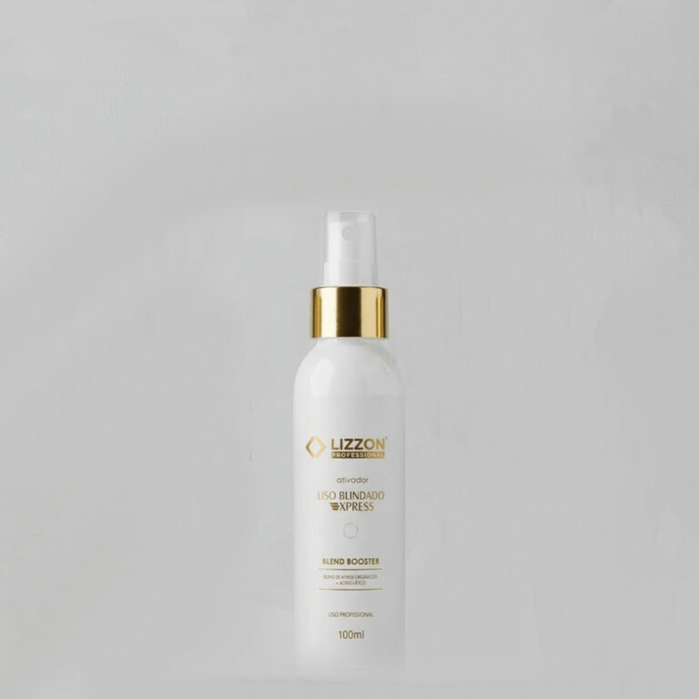 Um frasco de spray branco com tampa e rótulo dourados, rotulado como Lizzon Professional e Booster Ativador Liso Blindado Express, contém 100 ml de produto. O fundo é cinza claro liso.