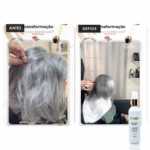 Fotos lado a lado mostram os cabelos grisalhos de uma mulher antes e depois do tratamento: a imagem 