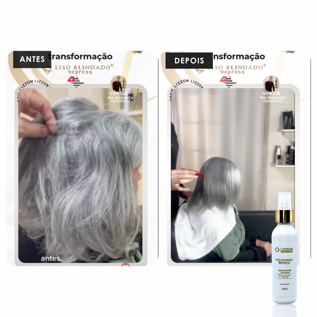 Fotos lado a lado mostram os cabelos grisalhos de uma mulher antes e depois do tratamento: a imagem "antes" apresenta cabelos crespos e irregulares, enquanto a "depois" mostra resultados suaves e lisos graças ao Booster Ativador Liso Blindado Express. O frasco do produto está no canto.