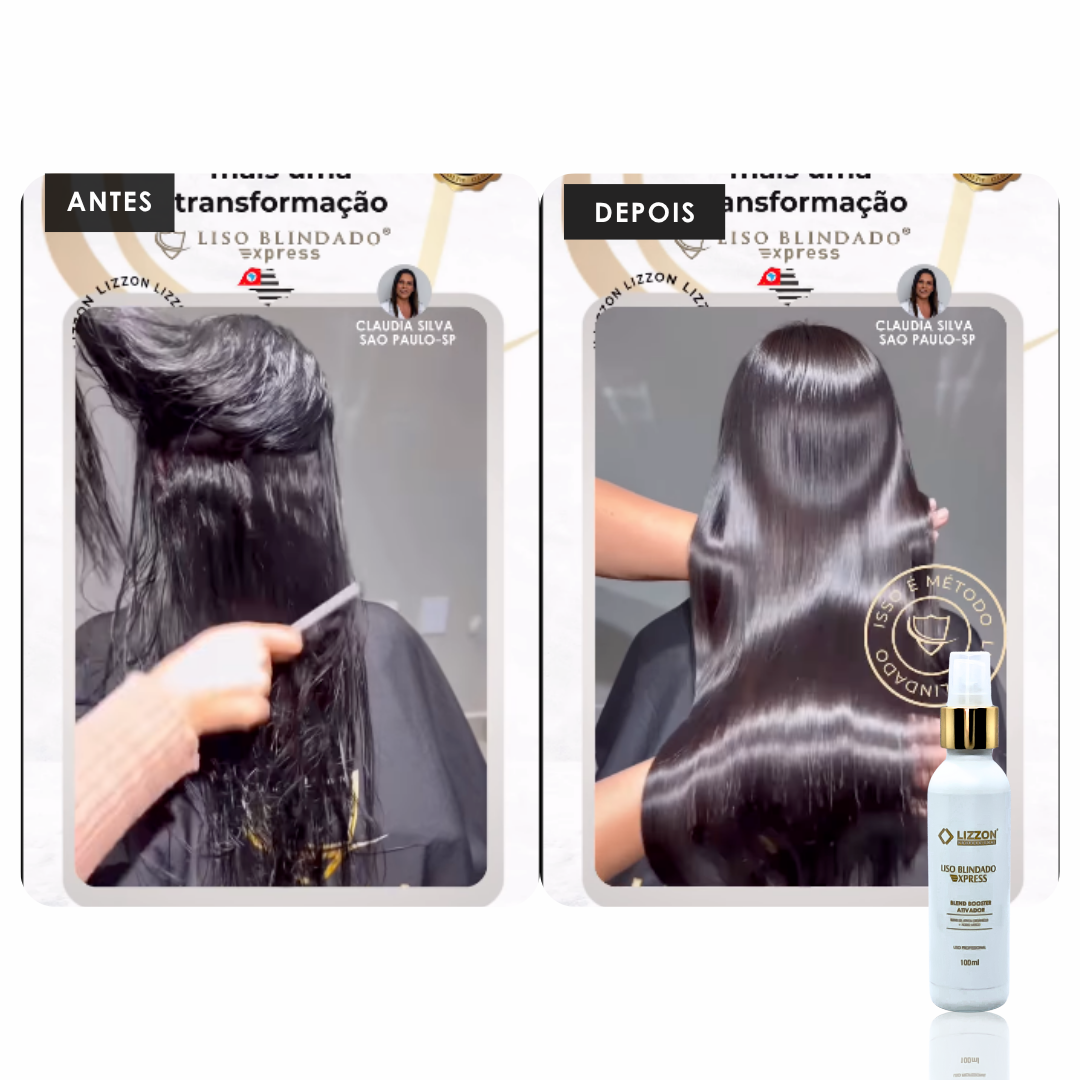 Comparação lado a lado: à esquerda, cabelo crespo sendo penteado; à direita, após o uso do Booster Ativador Liso Blindado Express, o mesmo cabelo está liso, reto e brilhante. O frasco do produto é mostrado abaixo.