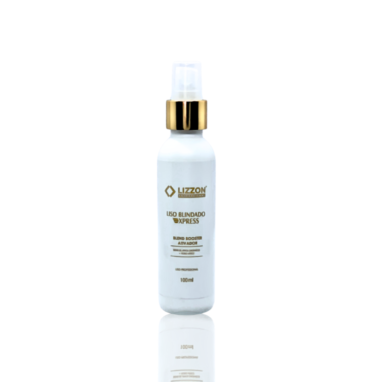 Um frasco de spray branco de 100 ml do produto para cabelo Booster Ativador Liso Blindado Express, com uma tampa dourada e branca, é exibido na vertical em um fundo branco liso.