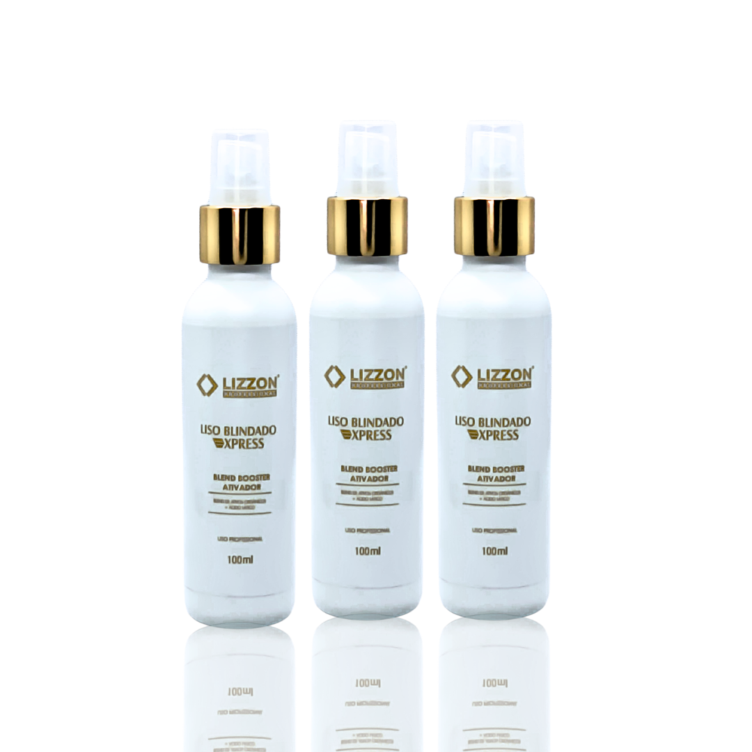 Três frascos idênticos de spray branco com tampas douradas e brancas estão dispostos em uma fileira sobre um fundo branco. Cada frasco de 100 ml é rotulado como Booster Ativador Liso Blindado Express.