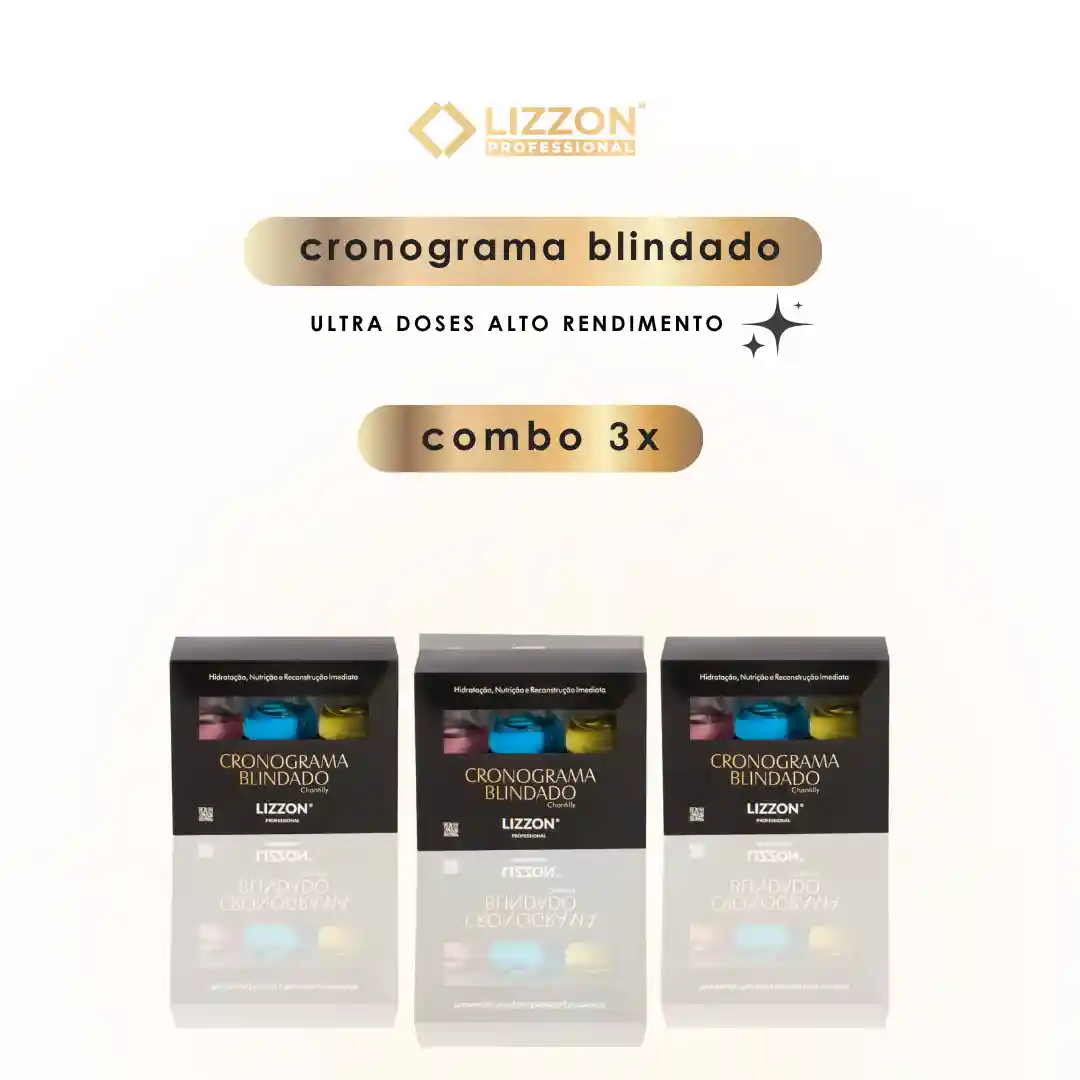 Três caixas do kit Cronograma Blindado (3x) estão dispostas em uma fileira sobre um fundo branco, com o texto acima destacando as doses de altíssimo rendimento e os resultados de alisamento profissional.
