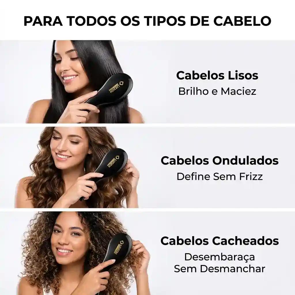Três mulheres - uma com cabelos lisos, uma com cabelos ondulados e uma com cabelos cacheados - usam a Escova Desembaraçadora para facilitar o desembaraço, a definição sem frizz, o brilho e a maciez em todos os tipos de cabelo.
