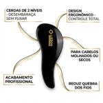 A Escova Desembaraçadora possui cerdas de dois níveis, design ergonômico e acabamento profissional para cabelos secos ou molhados, com o nome da marca em dourado. Faz parte da Coleção Lizzon.
