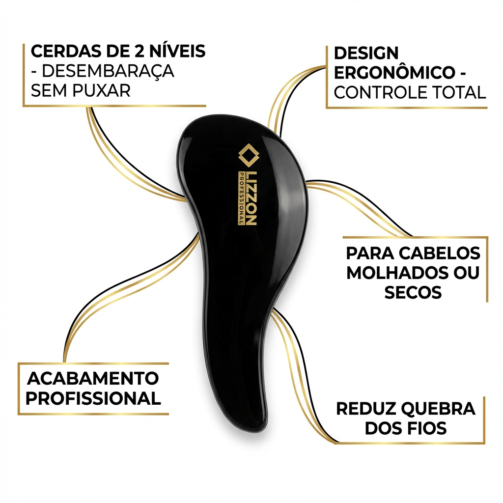A Escova Desembaraçadora possui cerdas de dois níveis, design ergonômico e acabamento profissional para cabelos secos ou molhados, com o nome da marca em dourado. Faz parte da Coleção Lizzon.