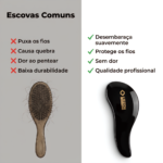 A imagem comparativa apresenta uma escova de cabelo de madeira desgastada à esquerda e uma Escova Desembaraçadora preta elegante à direita, mostrando o design e o desempenho superiores dessa escova desembaraçadora profissional em relação às escovas comuns.