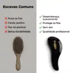 A imagem comparativa apresenta uma escova de cabelo de madeira desgastada à esquerda e uma Escova Desembaraçadora preta elegante à direita, mostrando o design e o desempenho superiores dessa escova desembaraçadora profissional em relação às escovas comuns.