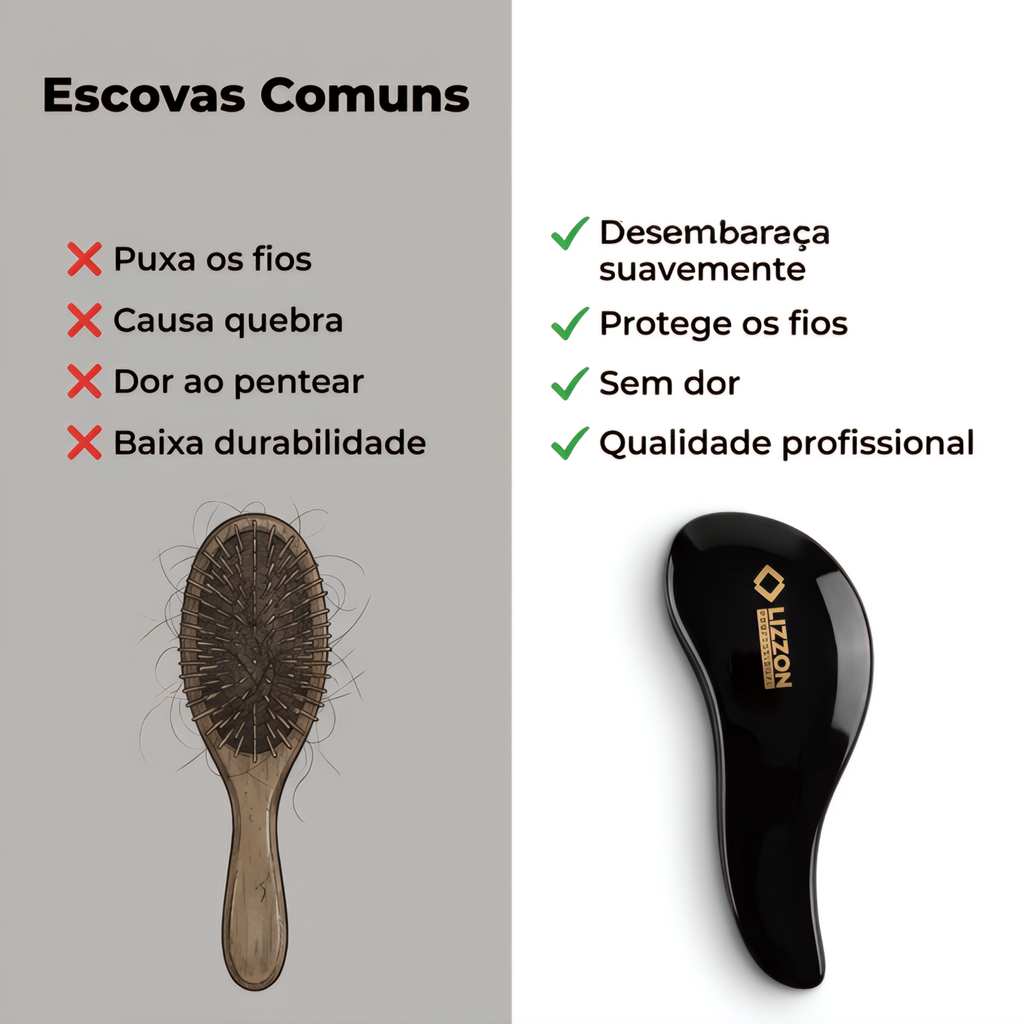 A imagem comparativa apresenta uma escova de cabelo de madeira desgastada à esquerda e uma Escova Desembaraçadora preta elegante à direita, mostrando o design e o desempenho superiores dessa escova desembaraçadora profissional em relação às escovas comuns.