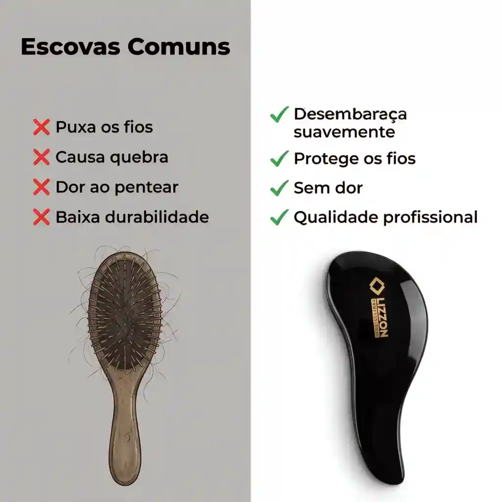 A imagem comparativa apresenta uma escova de cabelo de madeira desgastada à esquerda e uma Escova Desembaraçadora preta elegante à direita, mostrando o design e o desempenho superiores dessa escova desembaraçadora profissional em relação às escovas comuns.