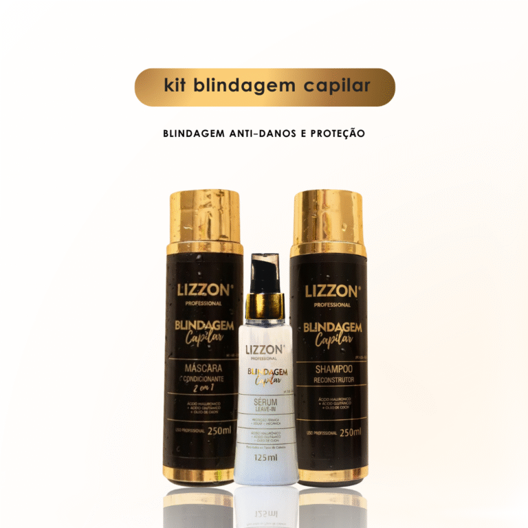 O Kit Blindagem Capilar é apresentado com um xampu de 250 ml, uma máscara condicionadora de 250 ml e um sérum de 125 ml. Acima dos produtos, o texto diz: 