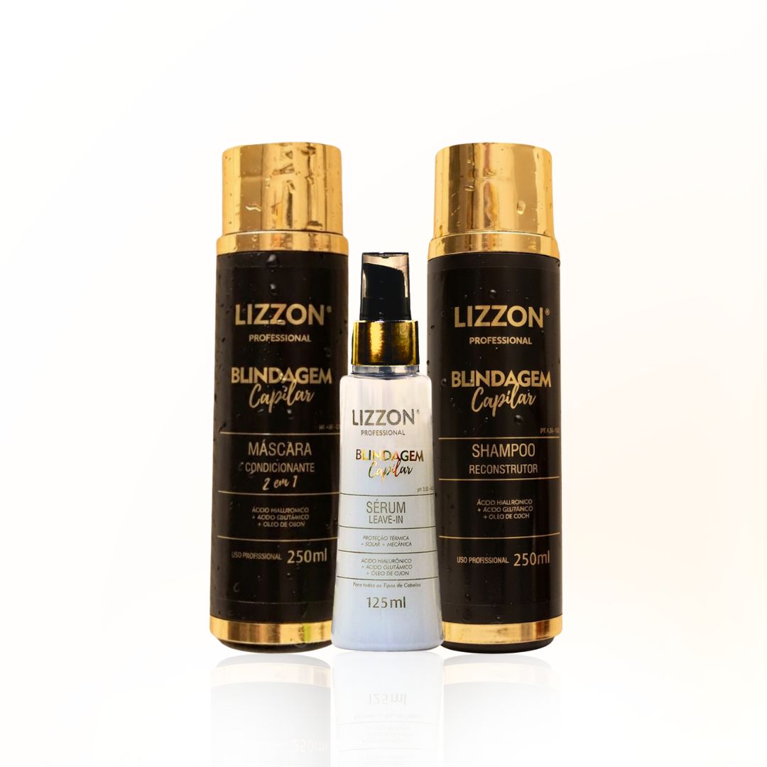 O Kit Blindagem Capilar (home care) inclui uma máscara condicionadora de 250 ml, um xampu reconstrutor de 250 ml e um sérum sem enxágue de 125 ml, todos com o rótulo "Blindagem Capilar".
