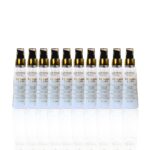 Dez frascos de Sérum Blindagem Capilar (Combo 10 unidades), cada um com 125 ml, com dosadores de bomba pretos e colarinhos dourados, estão alinhados em uma fileira contra um fundo branco.
