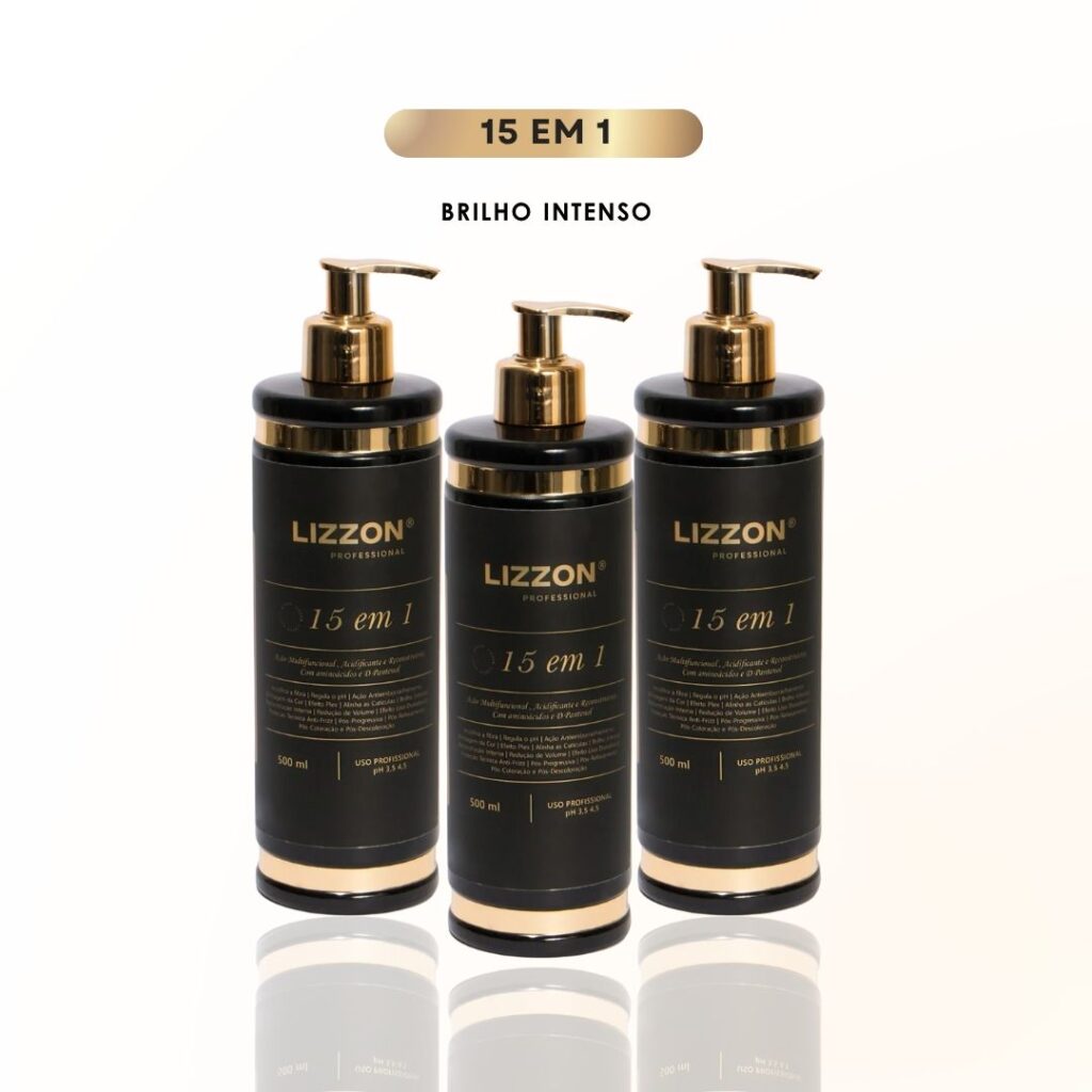 Três frascos pump 15 em 1 (Combo 3x) pretos e dourados são mostrados lado a lado em um fundo branco com 