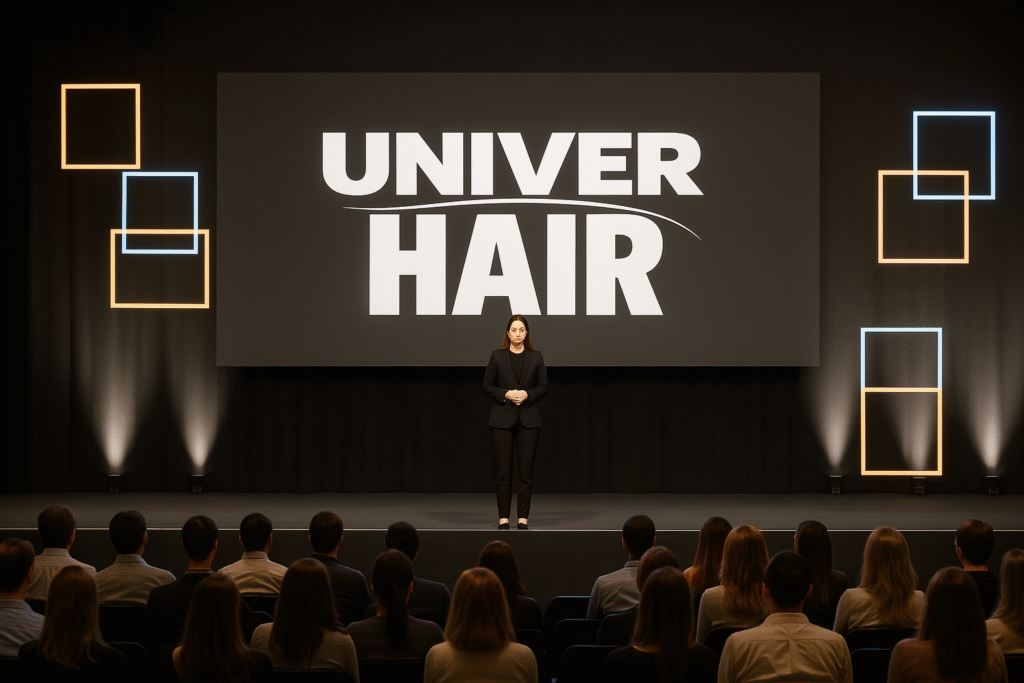 Uma mulher de terno preto está no palco diante de um telão que exibe 