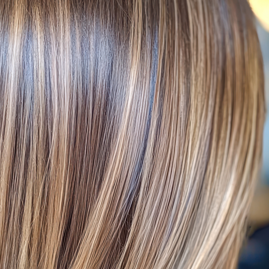 Close-up de cabelos lisos e brilhantes com mechas loiras e castanho-claras, exibindo textura suave, brilho saudável e controle especializado do volume usando o Volume Control Blond (embalagem 2unid black) para obter o visual loiro perfeito.