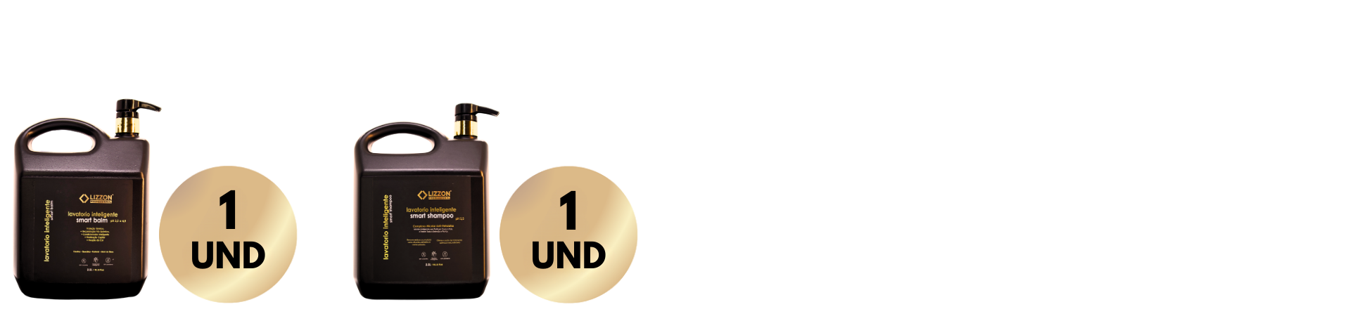 Dois frascos pump marrom-escuros idênticos, com o rótulo 1 UND em um círculo dourado, são mostrados lado a lado em um fundo branco. O produto é o kit Lavatório Inteligente Smart Balm 5 em 1 + Smart Shampoo. As seções da direita da imagem estão em branco.
