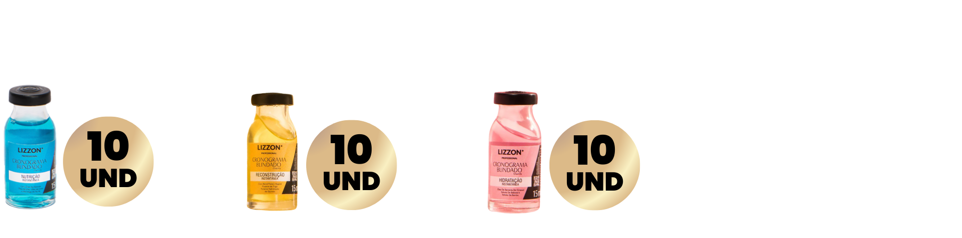 Quatro garrafas de Kits cronograma blindado (10x) em azul, amarelo e rosa são exibidas em seções separadas. Cada uma tem um rótulo com um círculo dourado informando 