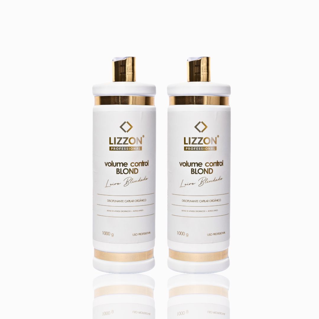 Dois frascos brancos do Lizzon Professional Volume Control Blond (combo 2 unidades) com detalhes em dourado e dosadores de bomba ficam lado a lado em um fundo branco. Cada frasco de 1000 g foi projetado para aumentar o controle de volume dos cabelos loiros.