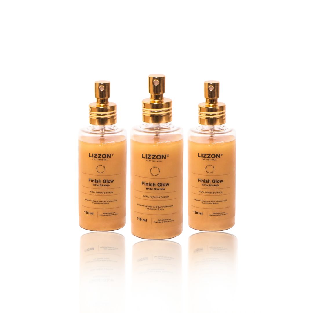 Três frascos idênticos de Finish Glow - Perfume e Spray de Brilho (Combo 3 unidades), cada um com um pump dourado e 110 ml, estão dispostos em uma fileira sobre um fundo branco.