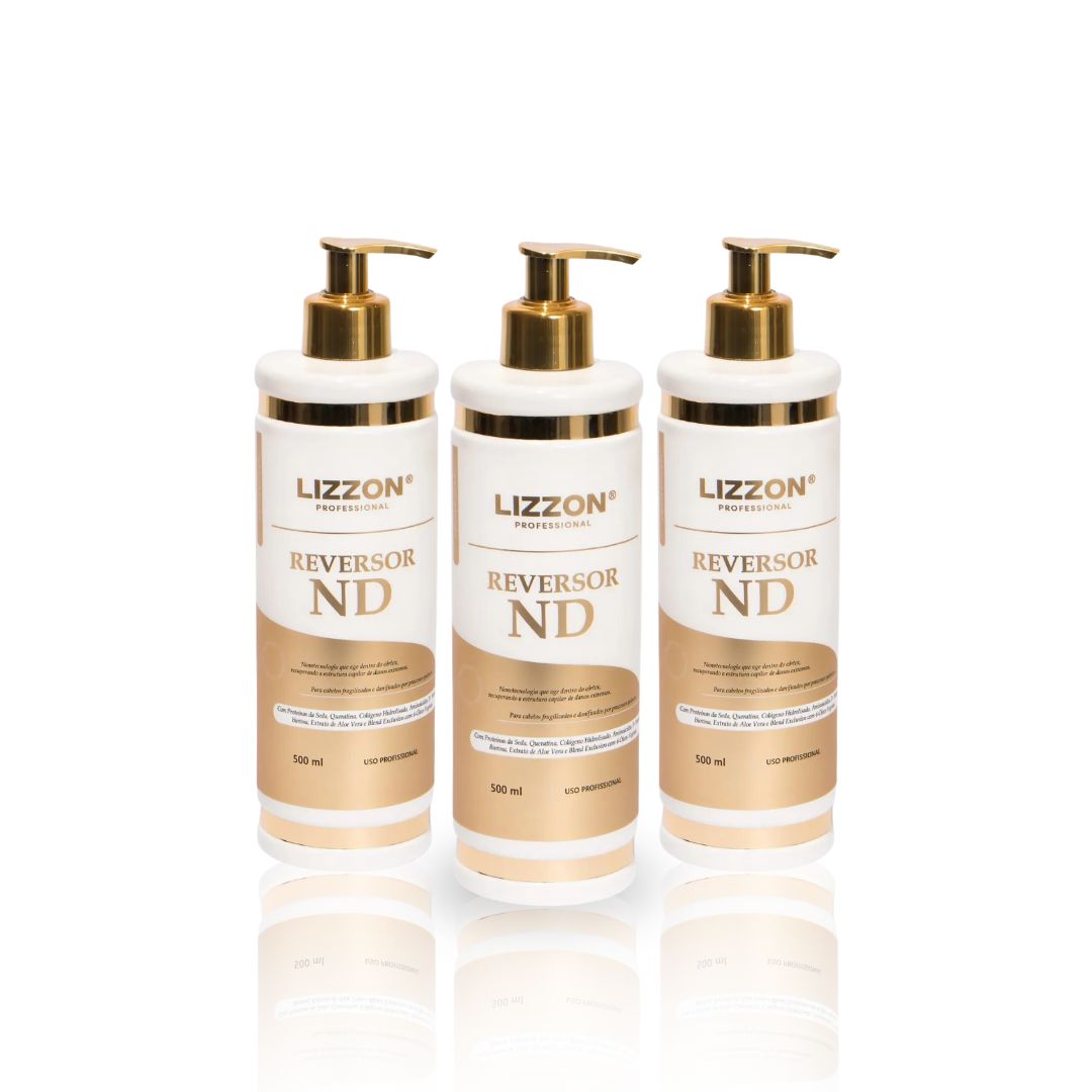 Três frascos de 500 ml de Reversor de Danos ND (combo 3 unidades) com bombas douradas estão dispostos lado a lado em um fundo branco.