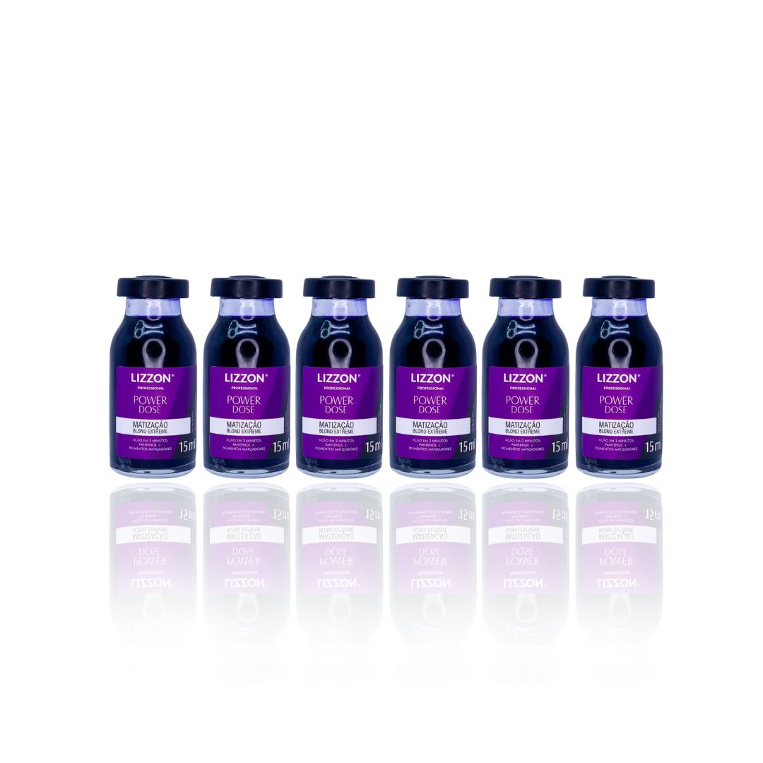 Seis frascos de Power Dose Matização (Combo 6 unidades) estão dispostos em uma fileira sobre um fundo branco. Cada frasco é azul escuro com uma tampa preta e apresenta um rótulo roxo e branco.