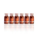 Seis pequenos frascos de vidro com tampas prateadas, cada um contendo um líquido avermelhado rotulado como "Power Dose Nano Cauterização (Combo 6 unidades)", estão dispostos em uma única fileira contra um fundo branco.