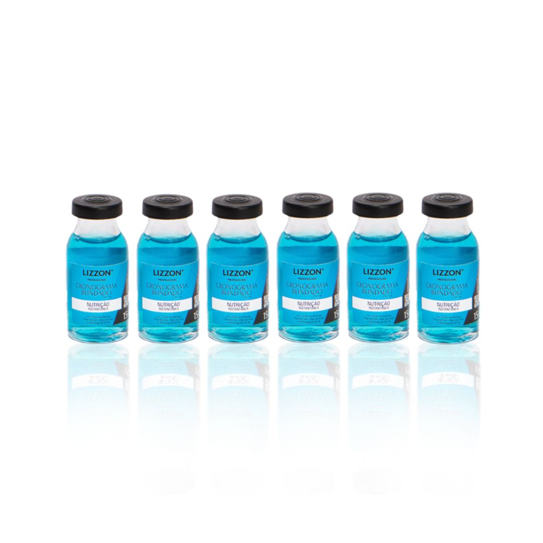 Seis pequenos frascos transparentes com tampas pretas, cheios de líquido azul, estão dispostos em uma fileira sobre um fundo branco. Cada frasco está rotulado como "Power Dose Nutrição (Combo 6 unidades)" e o nome da marca Lizzon está visível.