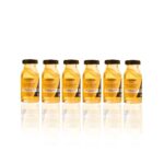Seis pequenos frascos de vidro transparente contendo líquido amarelo, rotulados como Power Dose Reconstrução (Combo 6 unidades), estão dispostos em linha reta em um fundo branco com seus reflexos espelhados abaixo.