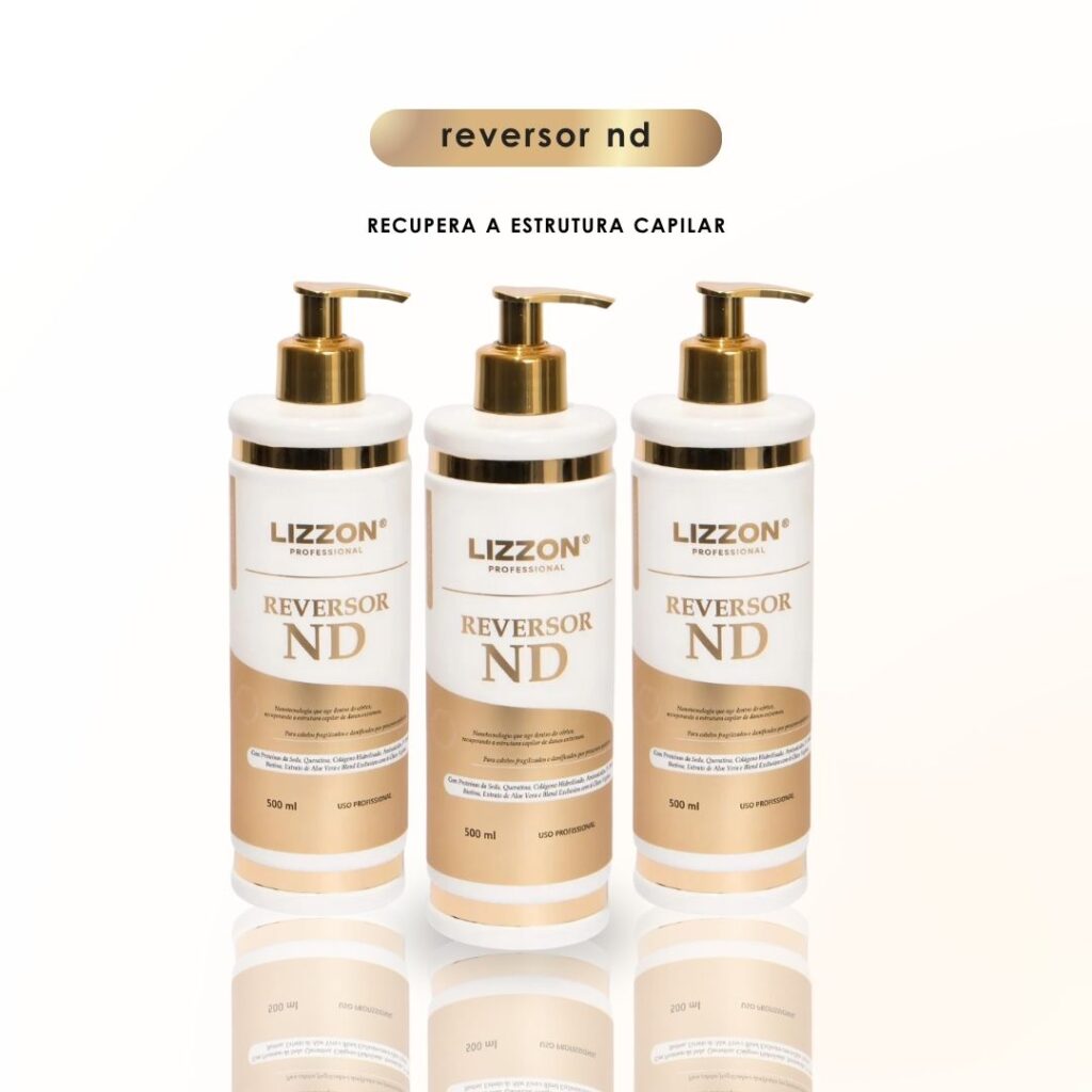 Três frascos de Reversor de Danos ND (combo 3x) com bombas douradas são mostrados na vertical em um fundo branco. Acima deles, o texto diz 