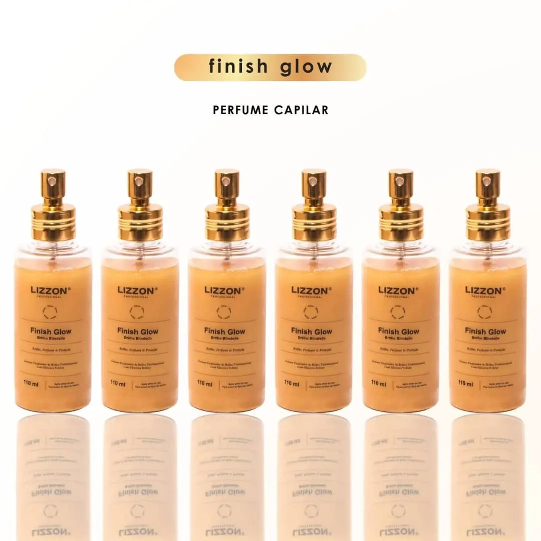 Seis frascos de Finish Glow - 110 ml estão dispostos em uma fileira sobre um fundo branco. Os frascos transparentes têm tampas de spray e rótulos dourados. Acima deles, o texto diz "finish glow" e "PERFUME CAPILAR".